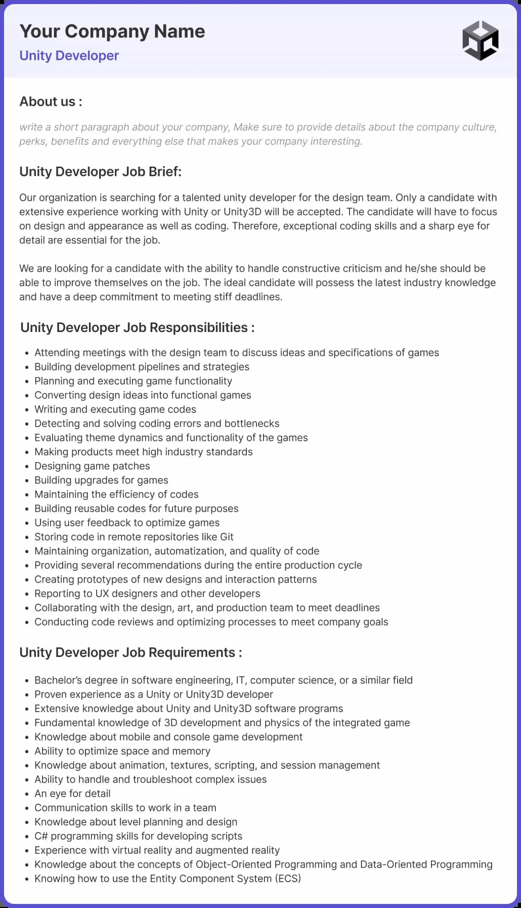 Game Developer job description template