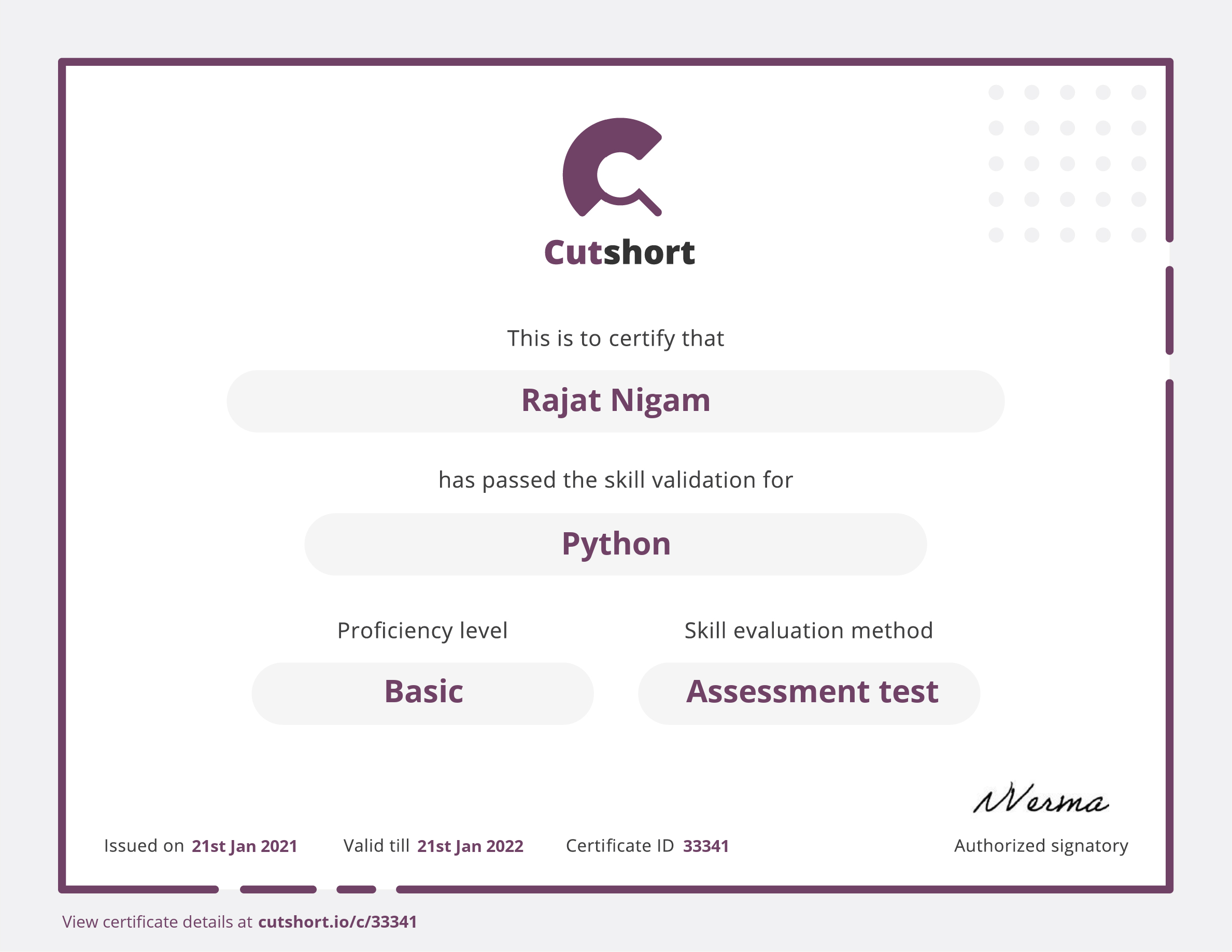 Rajat's skill certificate for Python | Cutshort