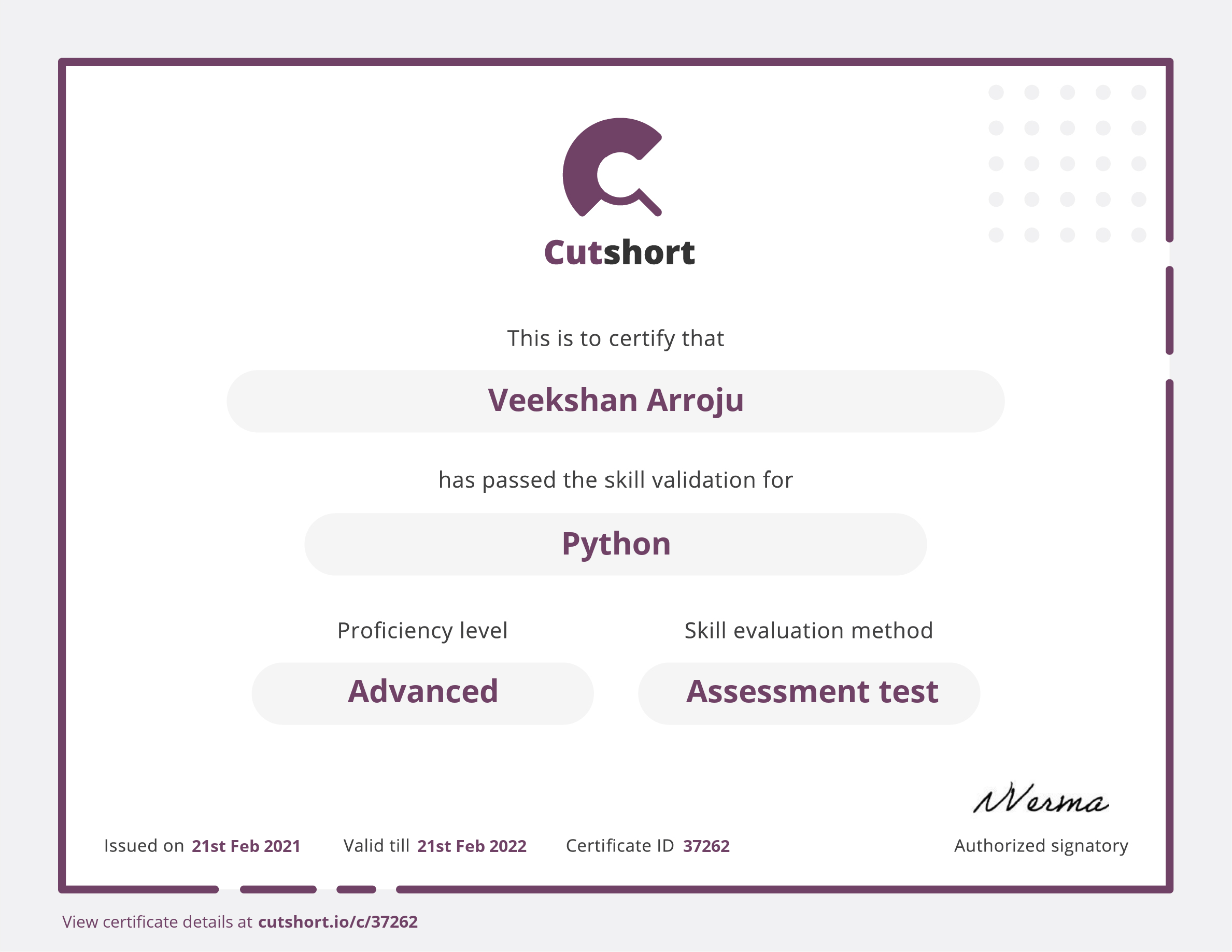 Deleted's skill certificate for Python | Cutshort