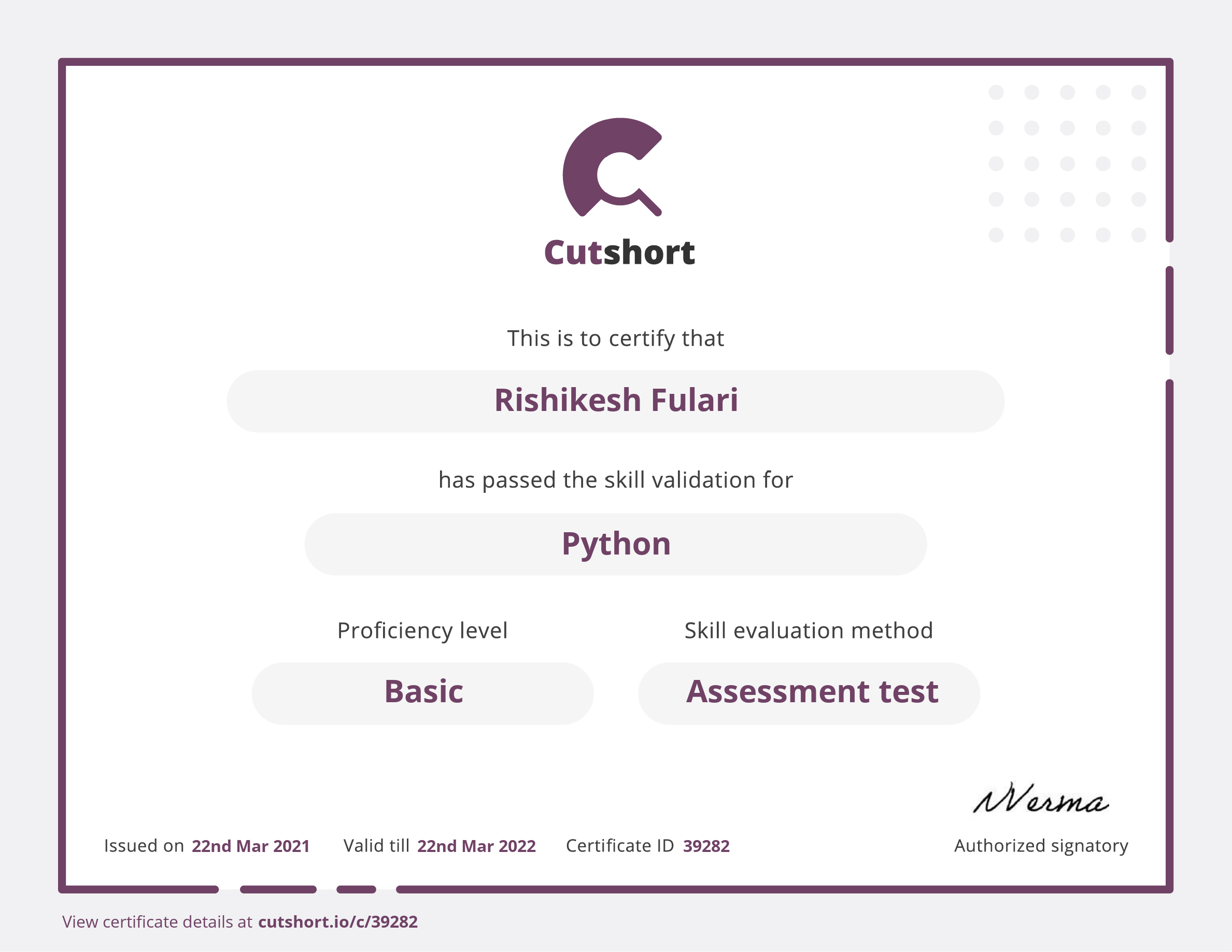 Rishikesh's skill certificate for Python | Cutshort