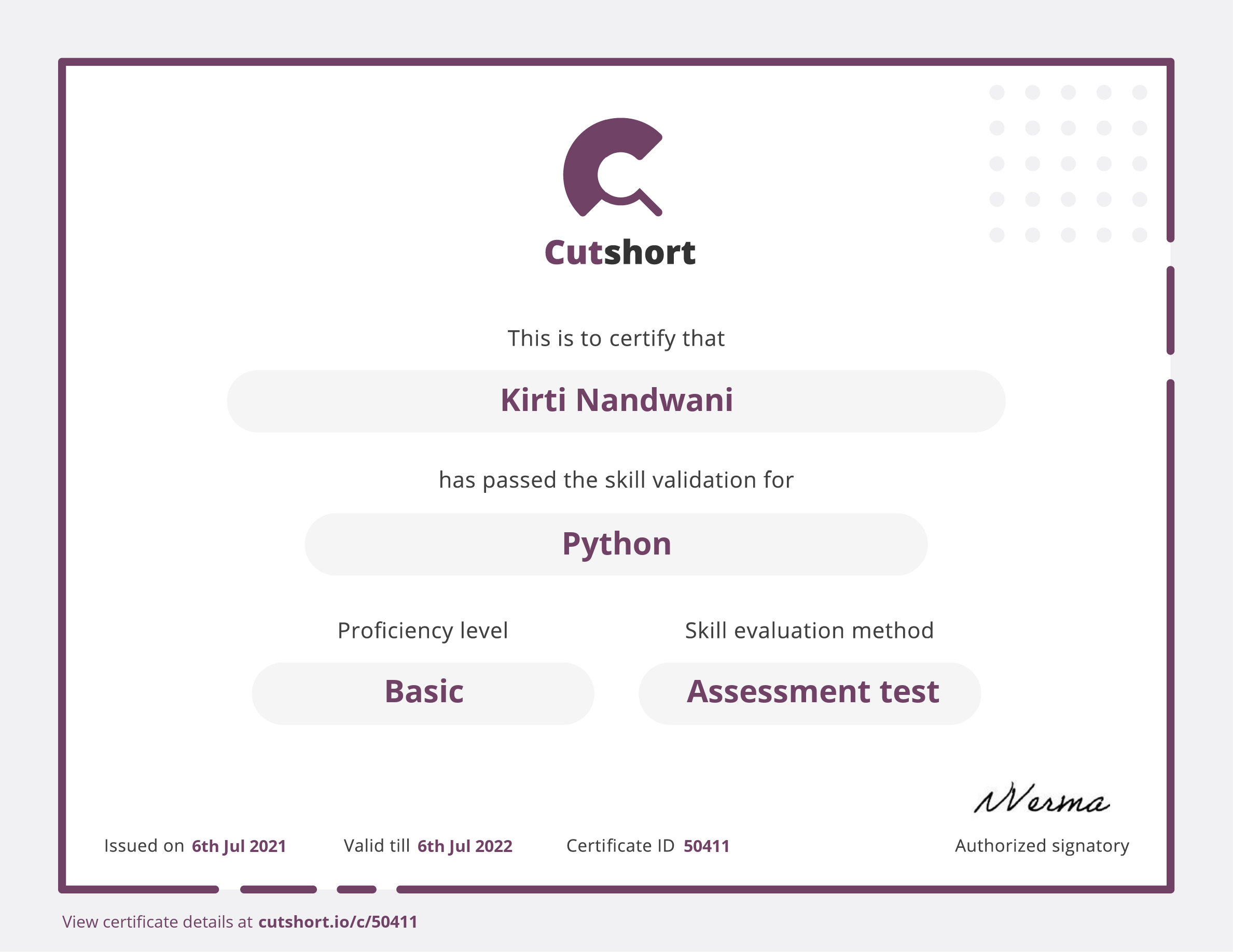 Kirti's skill certificate for Python | Cutshort