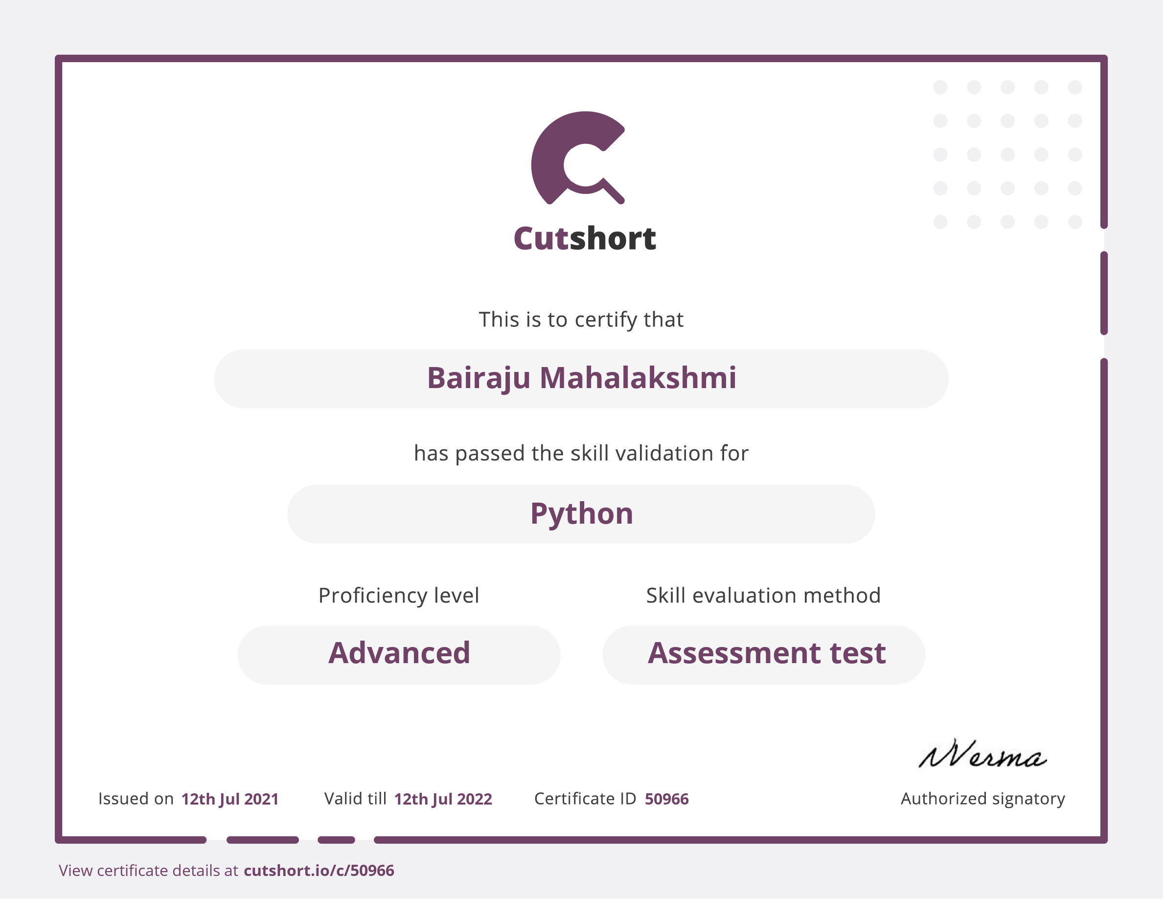 Mahalakshmi's skill certificate for Python | Cutshort