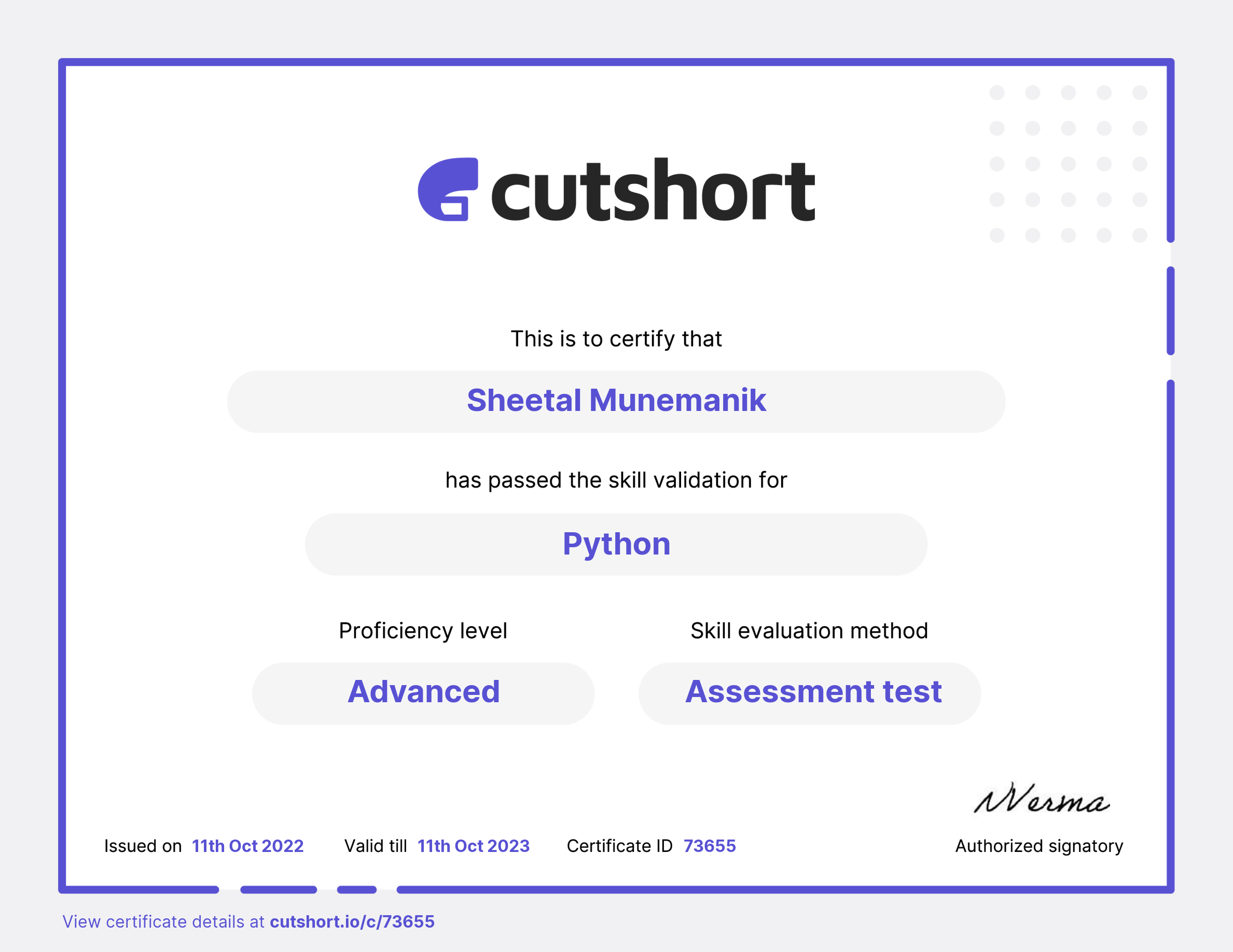 Sheetal's skill certificate for Python | Cutshort