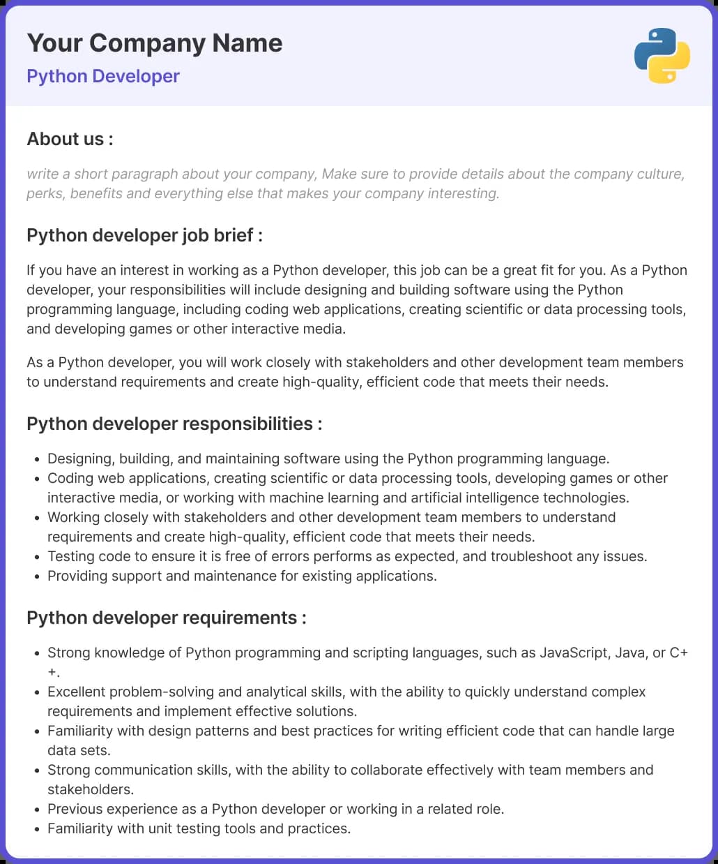 python-developer-job-description