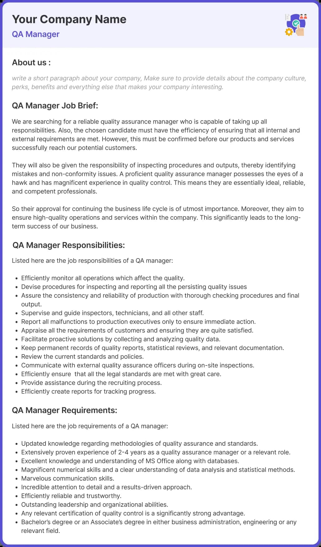 Qa Manager Job Description Software