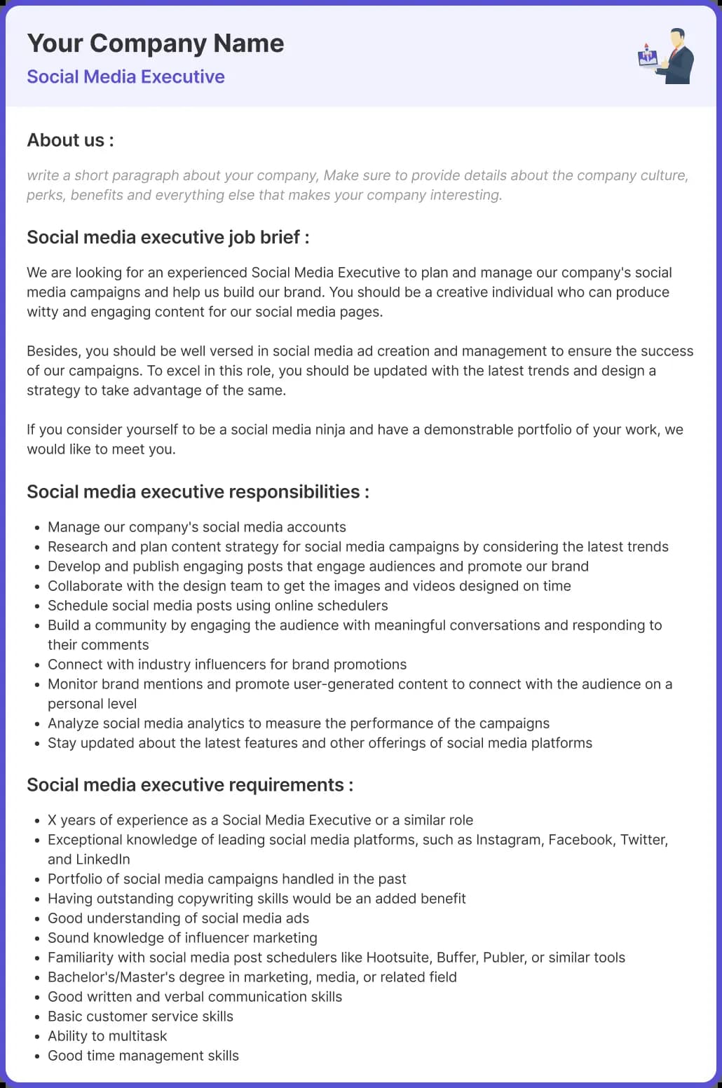 Social Media Executive Job Description Sample