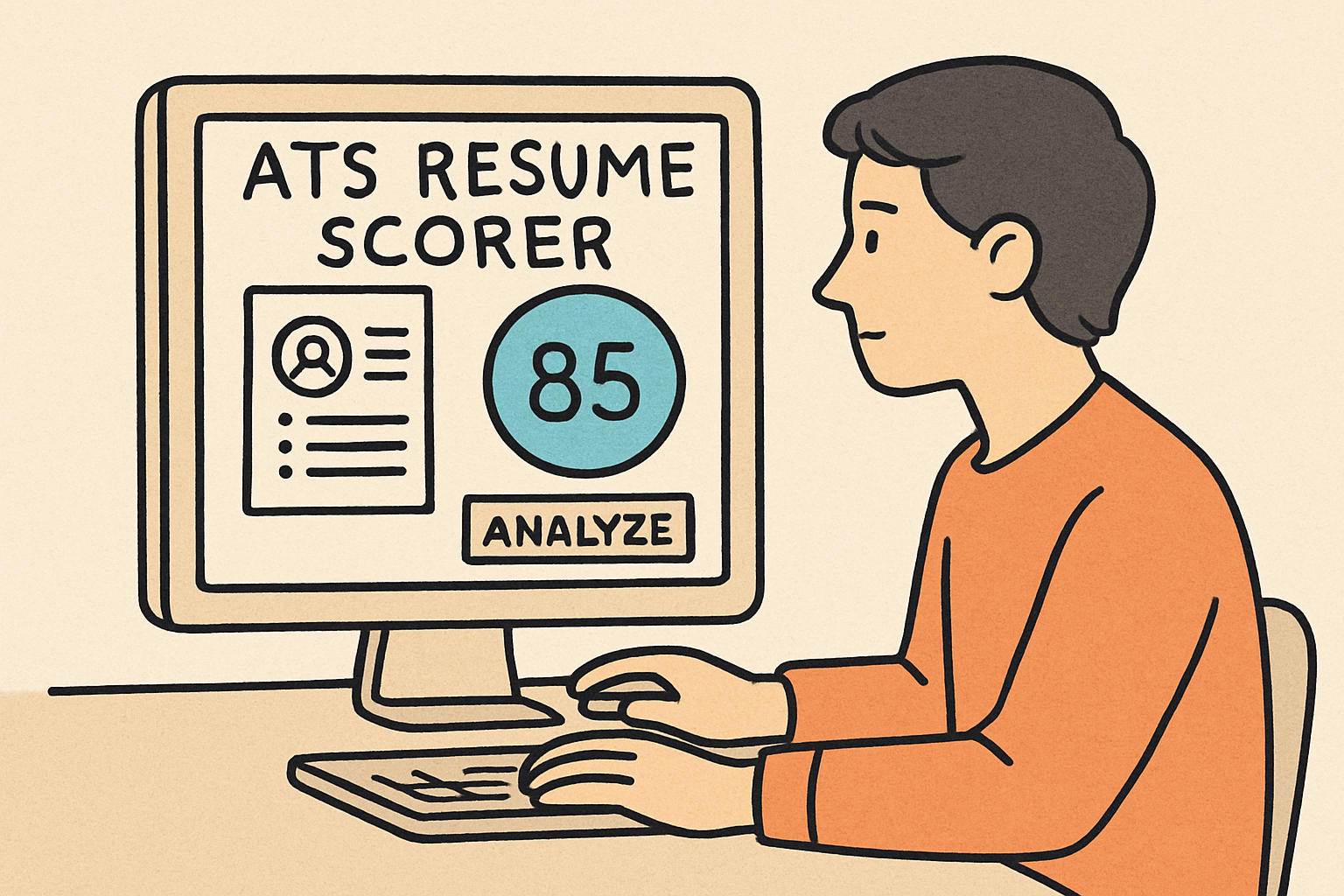 A person sits at a desk using a computer displaying ATS Resume Scorer with a resume icon, a score of 85 in a blue circle, and an Analyze button on the screen.