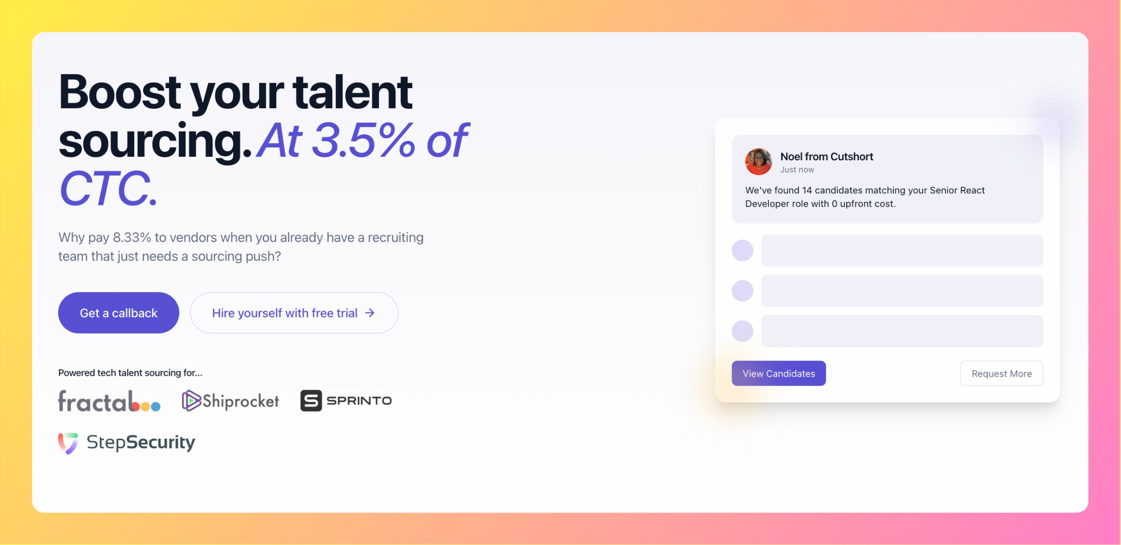 Sourcing Assistant model at 3.5% success fees