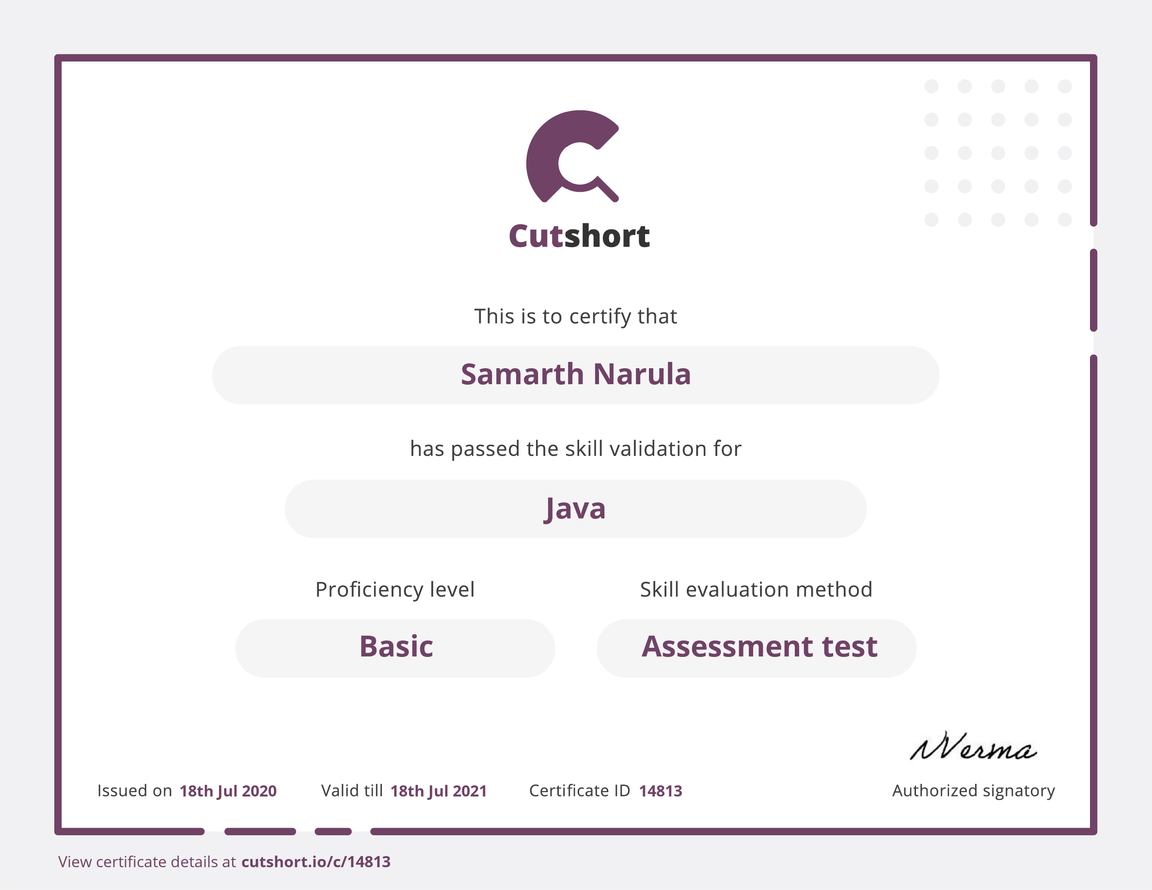 Samarth's skill certificate for Java | Cutshort