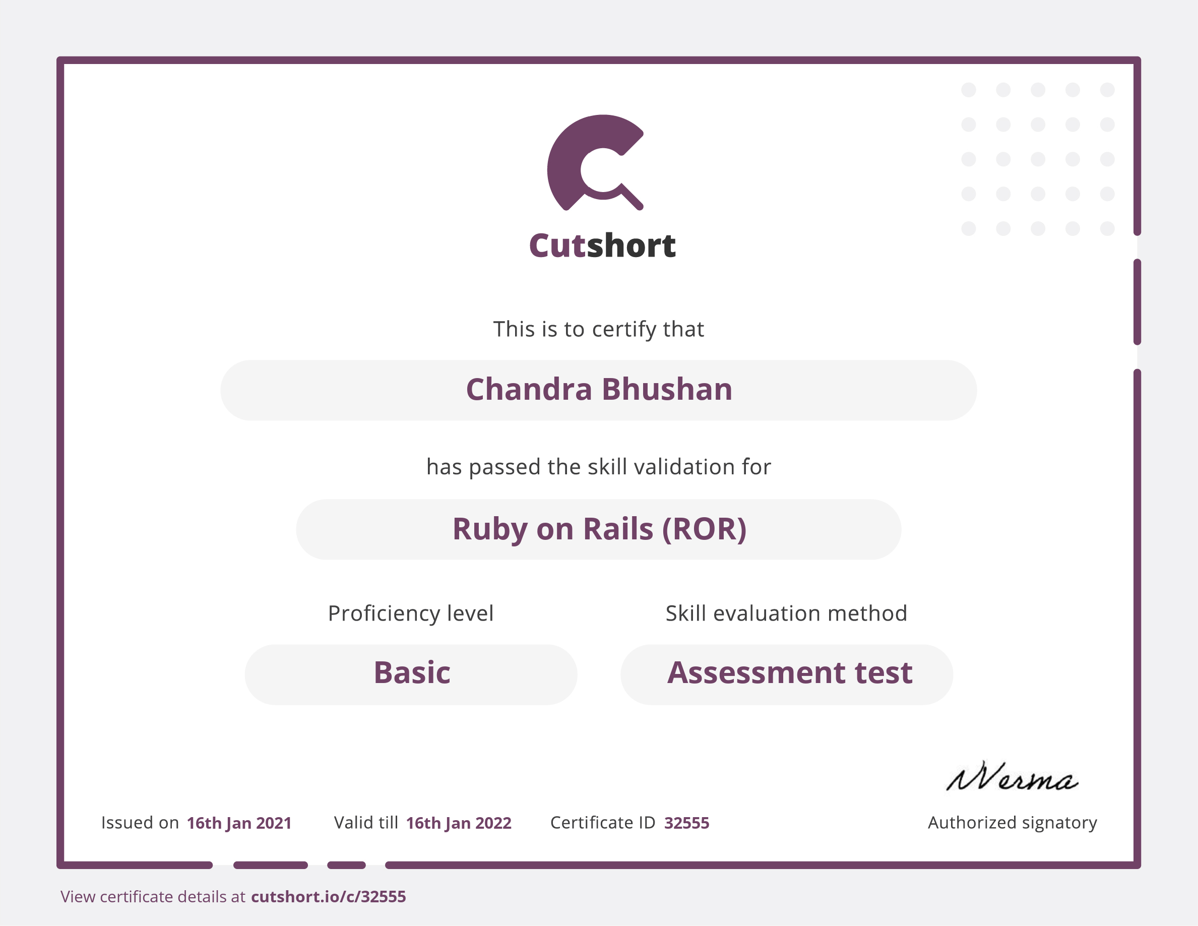 Chandra's skill certificate for Ruby on Rails (ROR) | Cutshort