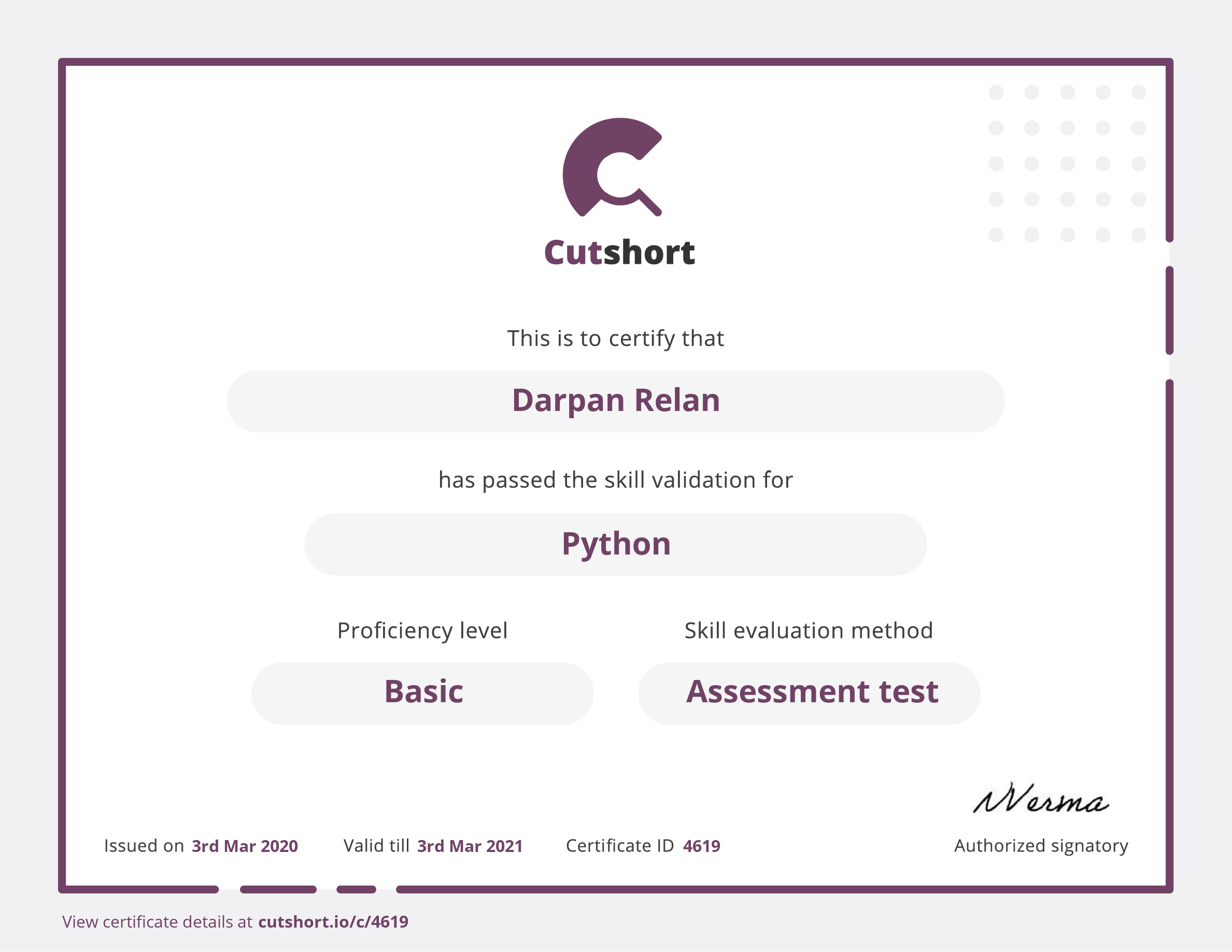 Darpan's skill certificate for Python | Cutshort