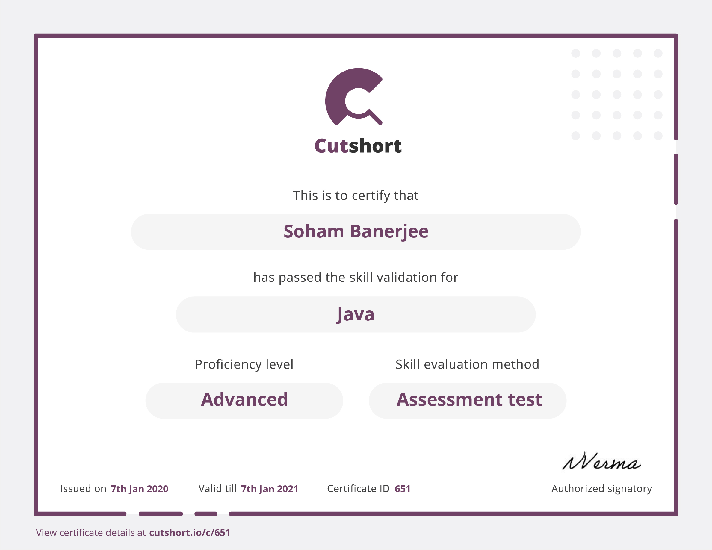 Soham's skill certificate for Java | Cutshort