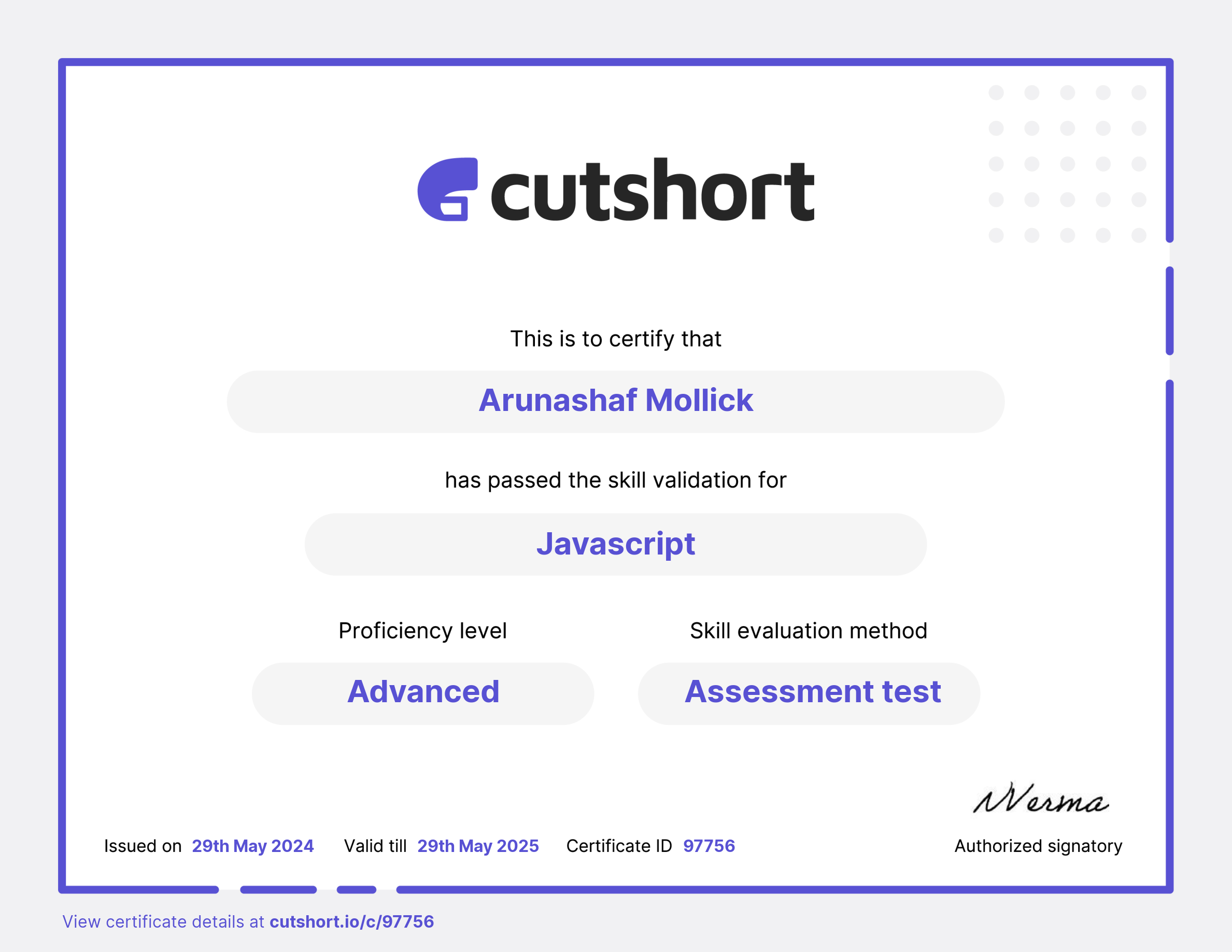 Arunashaf's skill certificate for Javascript | Cutshort